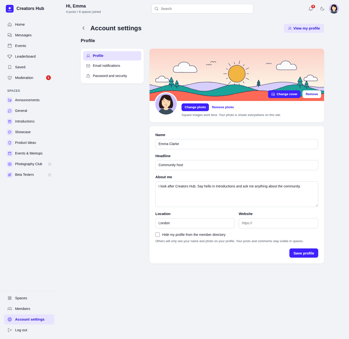The Account settings page with cover, photo and profile form