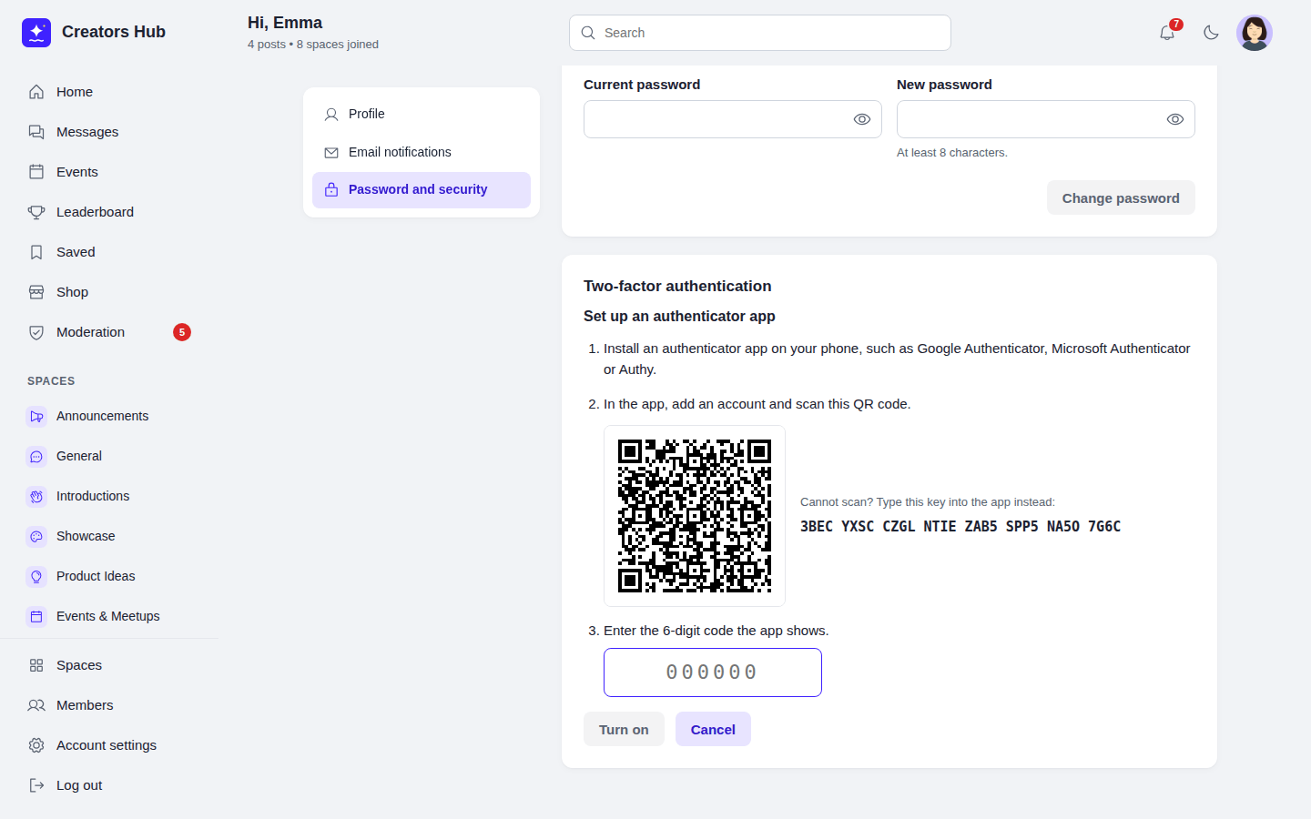 Account settings, Password and security: setting up an authenticator app with a QR code and a key