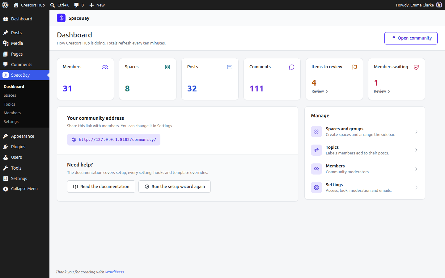 SpaceBay admin dashboard with totals and the community address