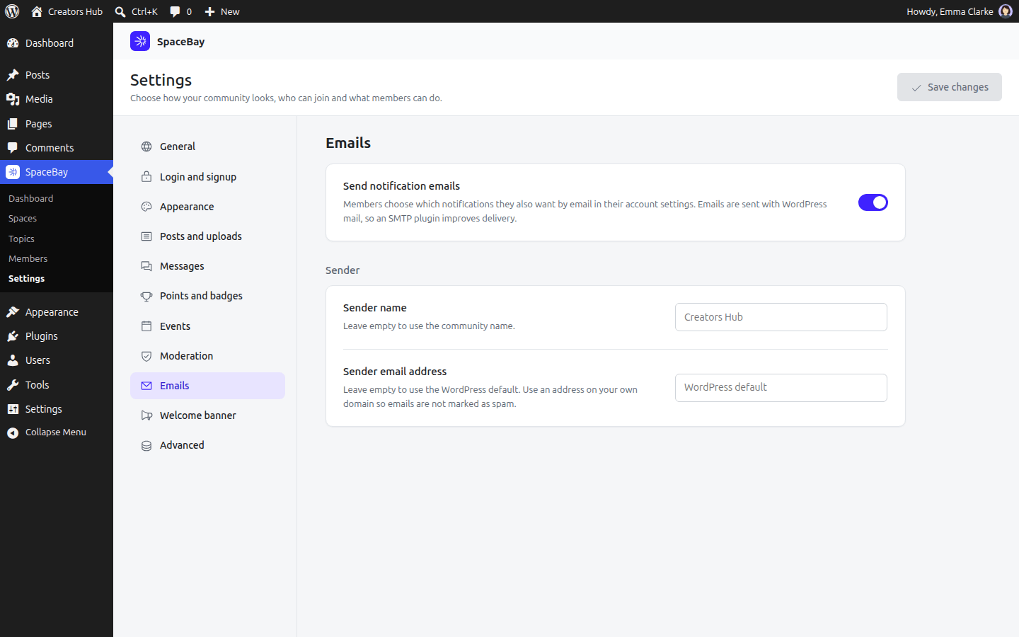 The Emails section of the settings screen