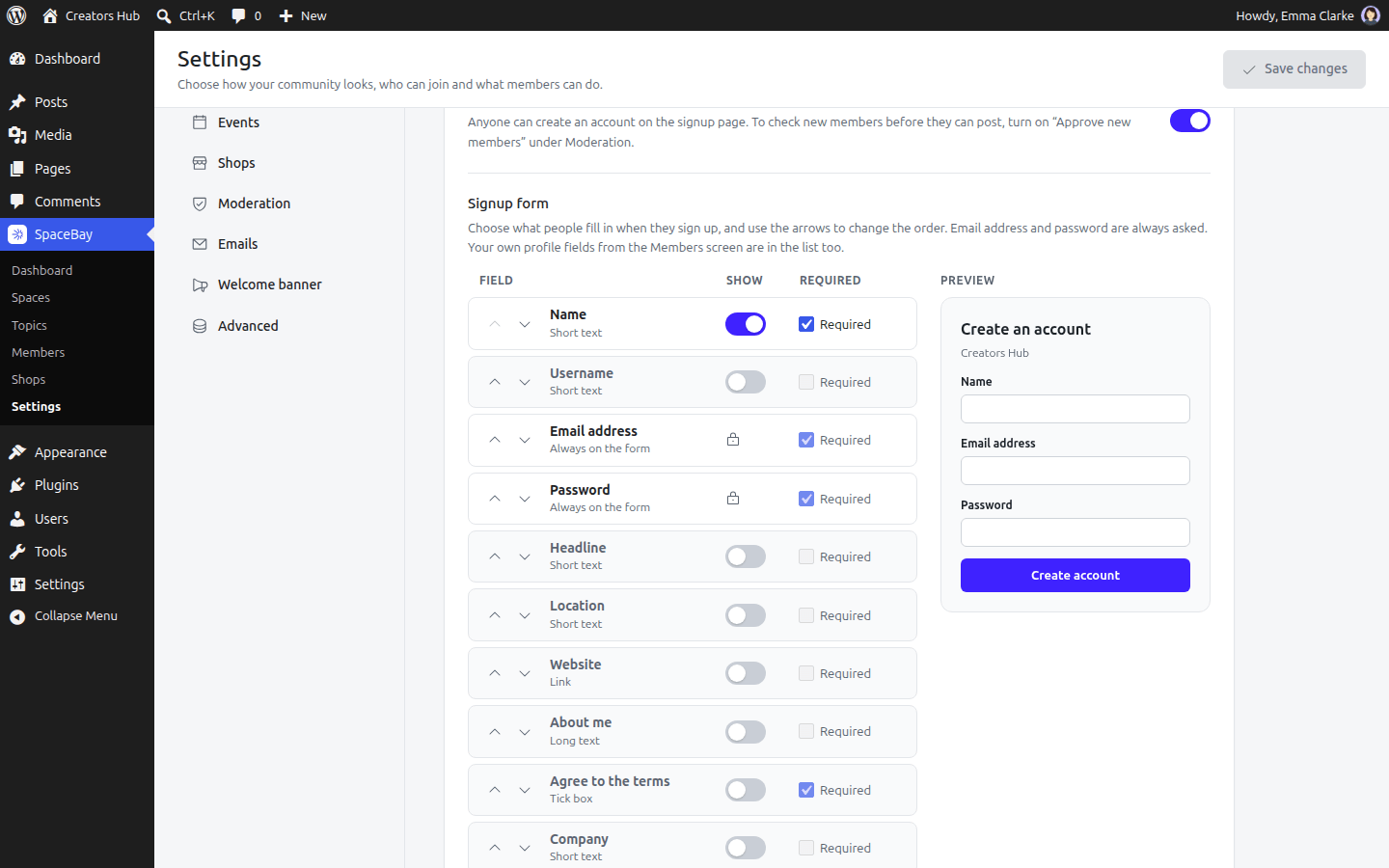 The signup form builder: a list of fields with Show switches and Required tick boxes, next to a preview of the form