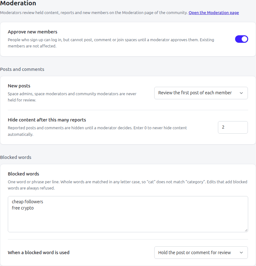 The Moderation section of the settings screen