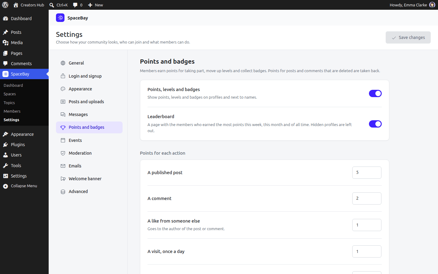 The Points and badges settings with point values, level names and the badge list