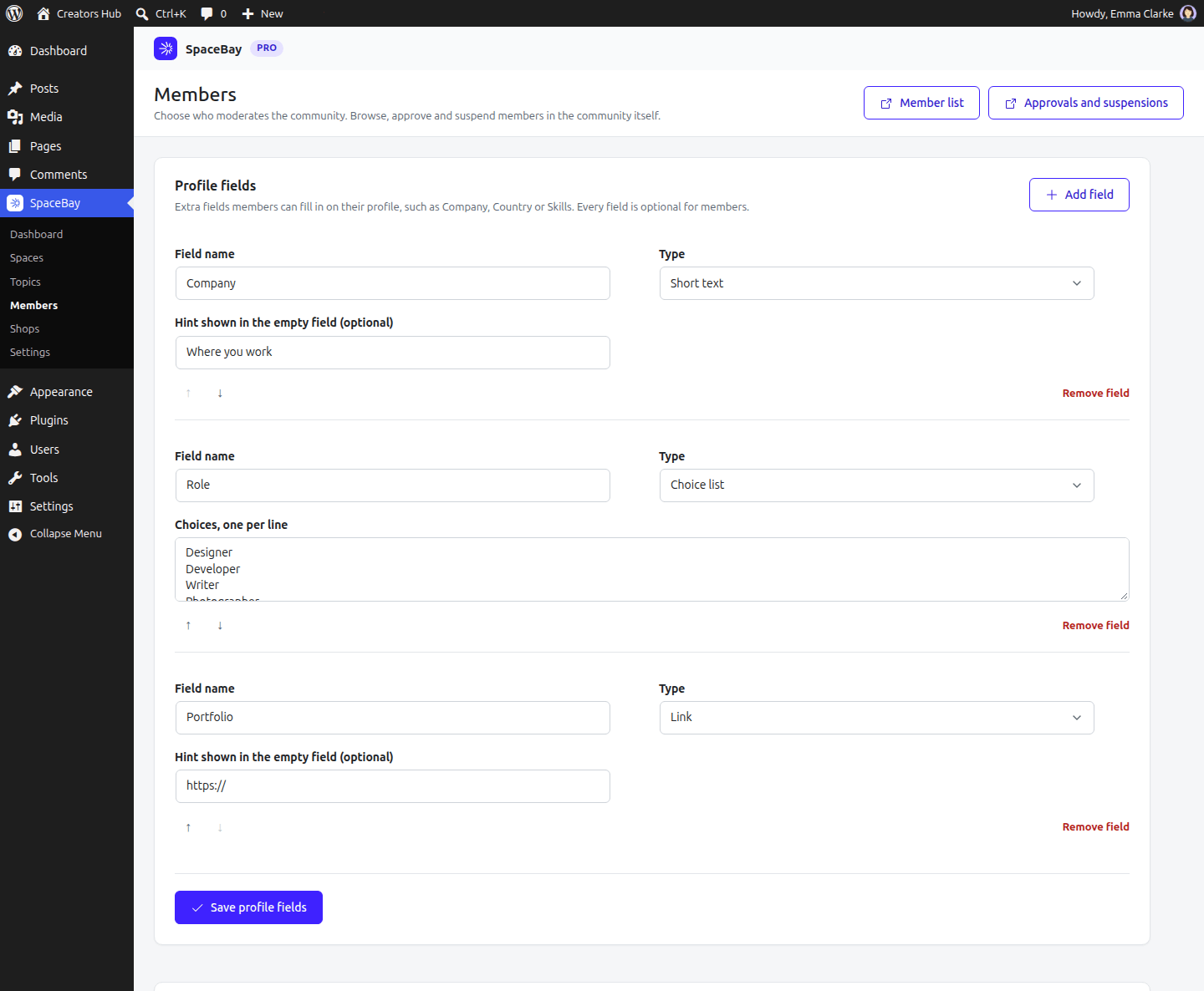 The Profile fields screen with a Company text field and a Role choice list