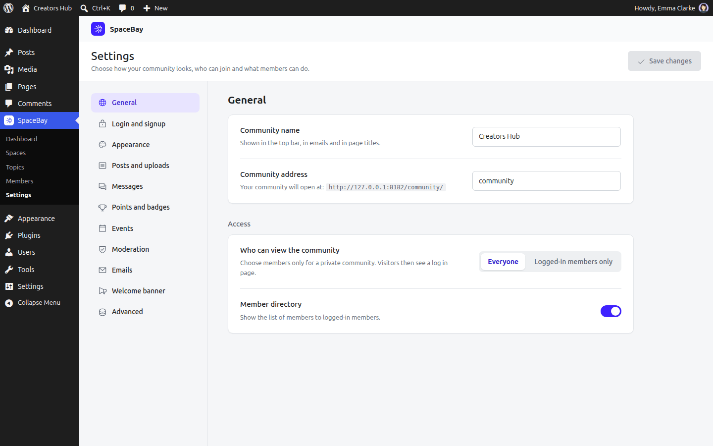 SpaceBay settings screen