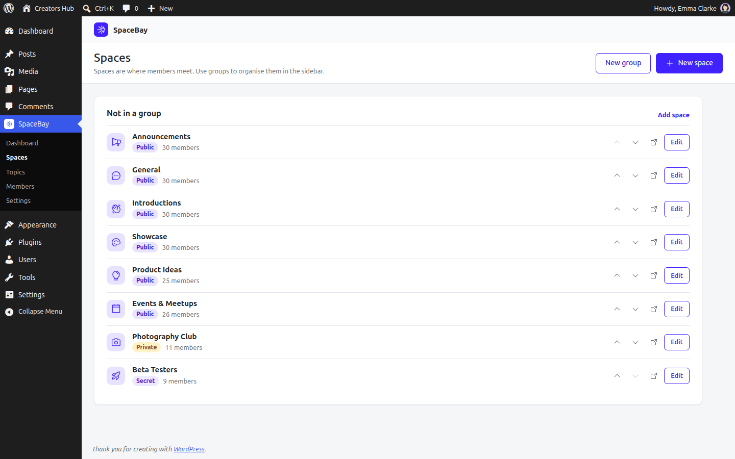 The Spaces screen in the SpaceBay admin