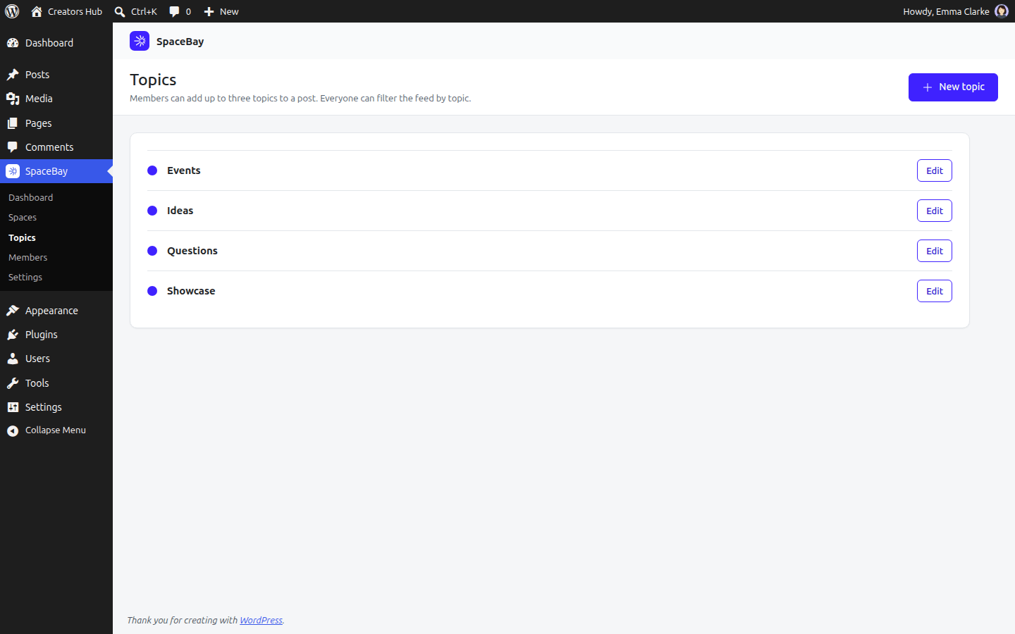 The Topics screen in the admin