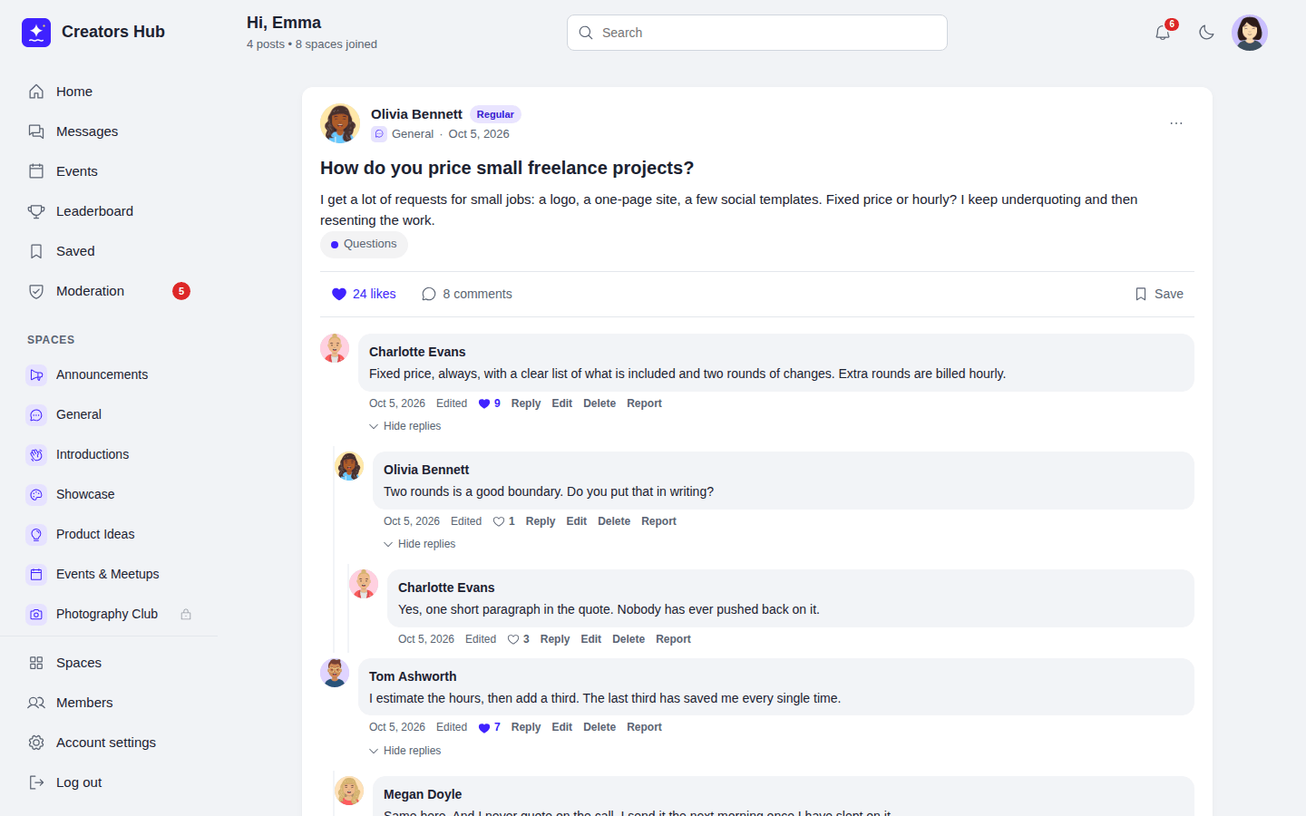 A post with a comment and nested replies, each reply indented under the comment it answers