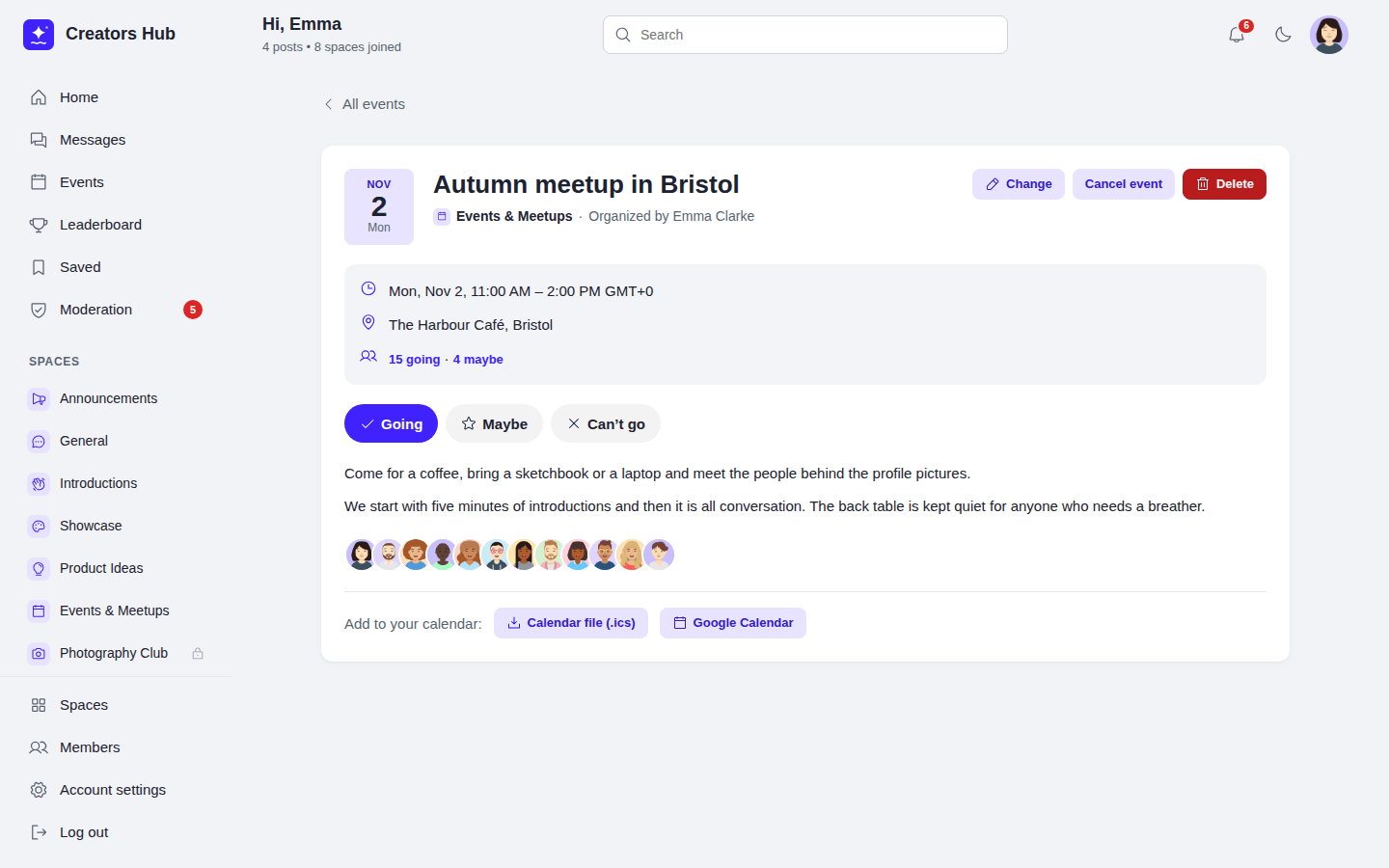 An event page with time, place, answers and calendar buttons