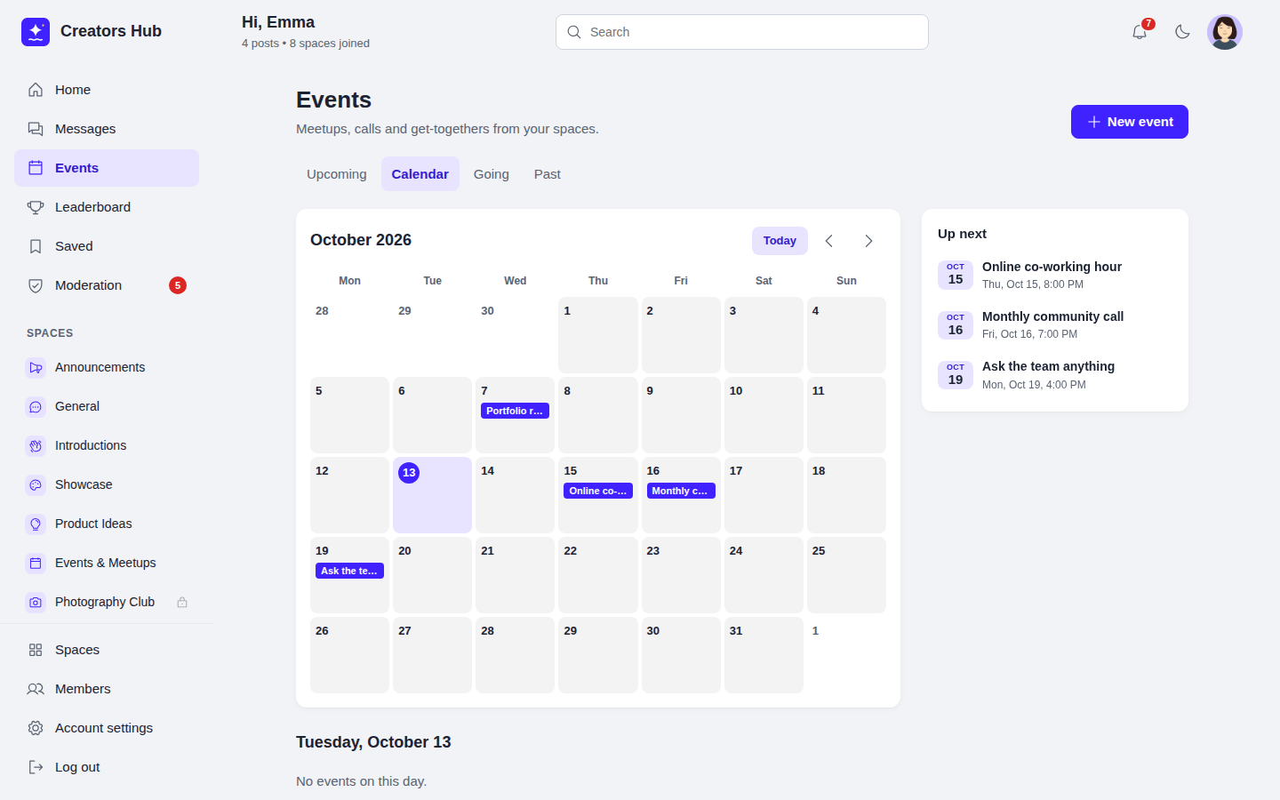 The Events page on the Calendar tab, a month calendar with events marked on their days and an Up next list beside it