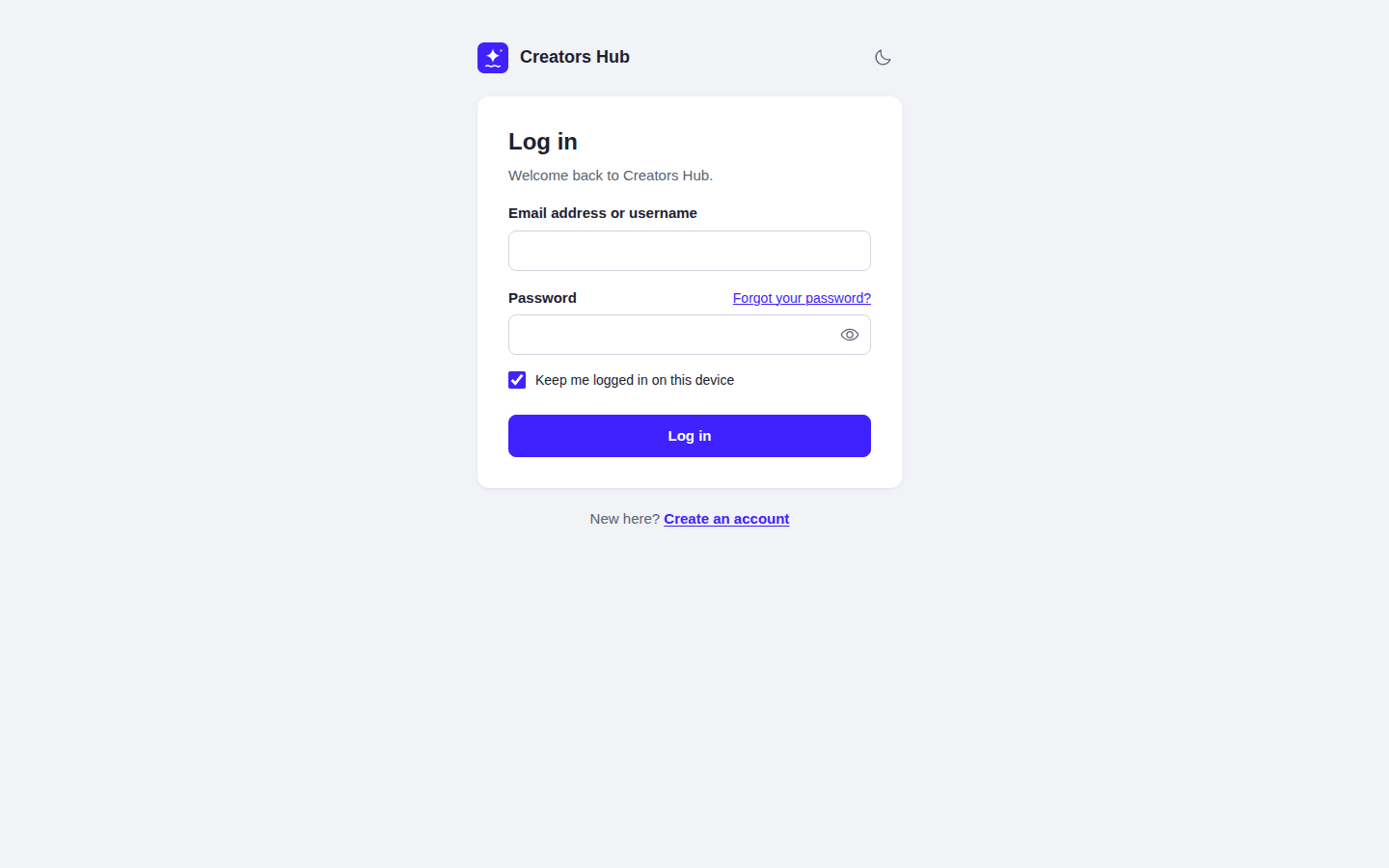 The community login page with email, password and a link to create an account