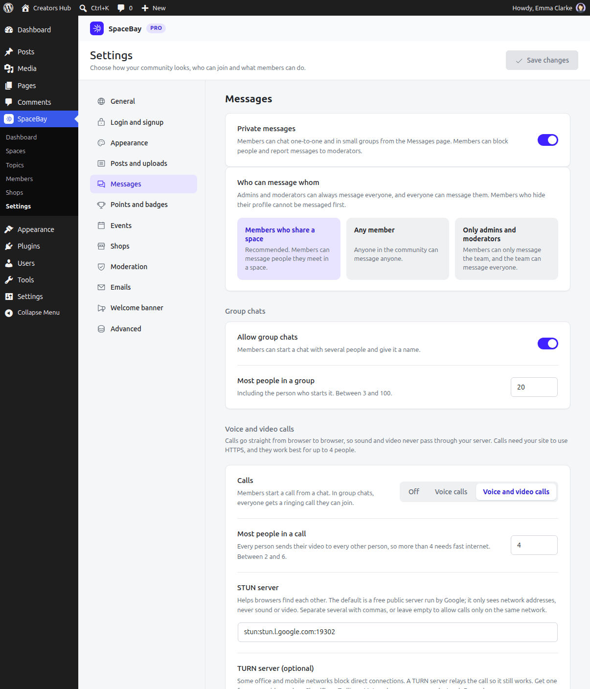 The Messages settings with the call settings of SpaceBay Pro
