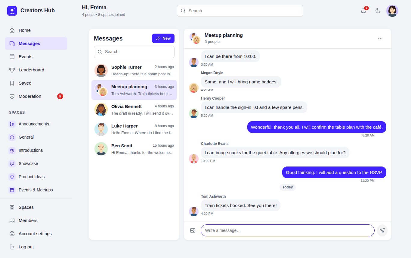 The Messages page with a list of chats and an open group chat, Meetup planning, with five people