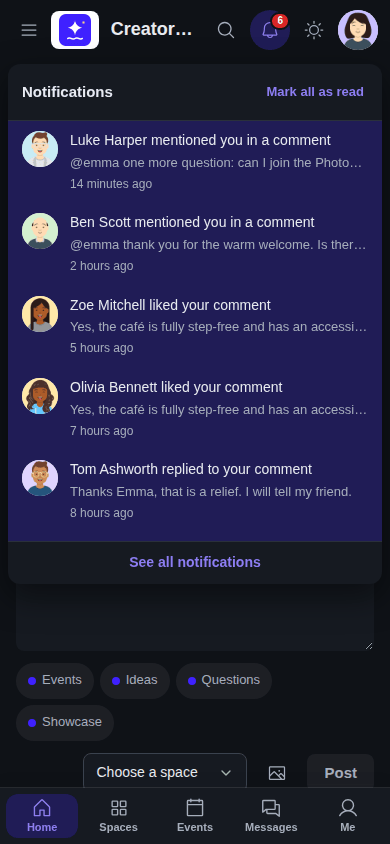 Notifications on a phone in dark mode