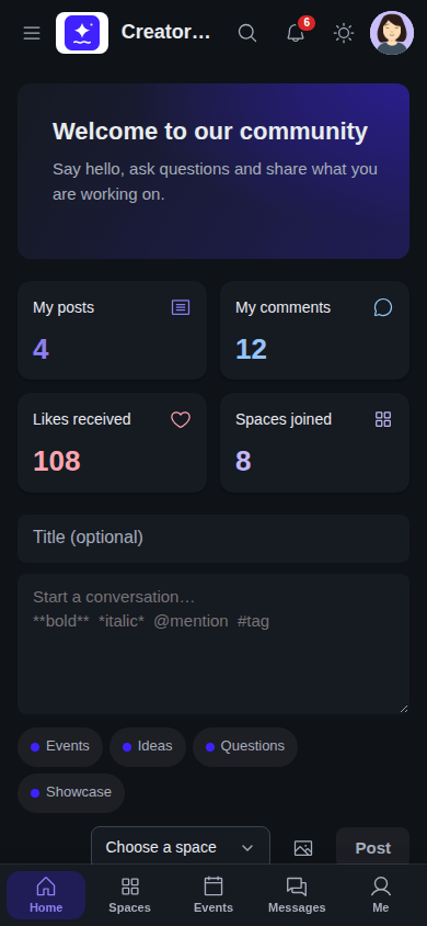 The feed on a phone in dark mode