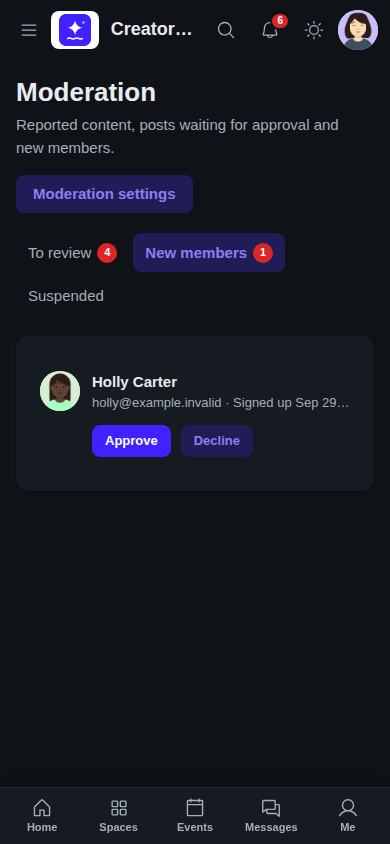 New members waiting for approval on a phone in dark mode