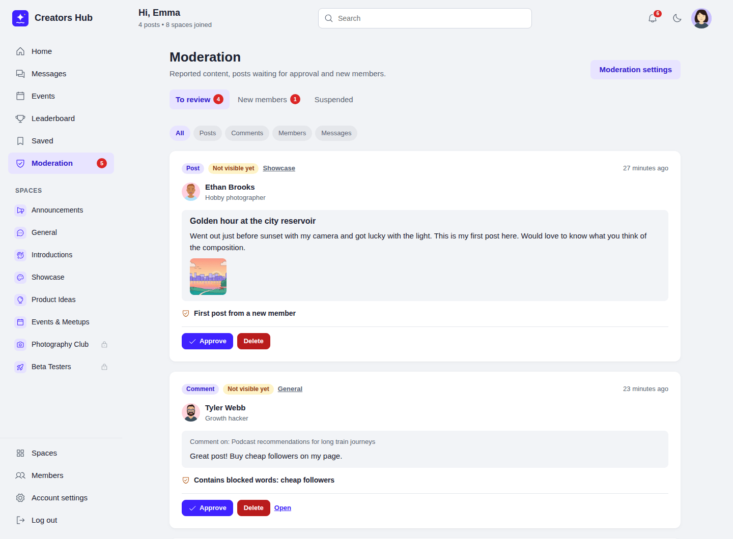 The Moderation page with a first post and a comment waiting for review
