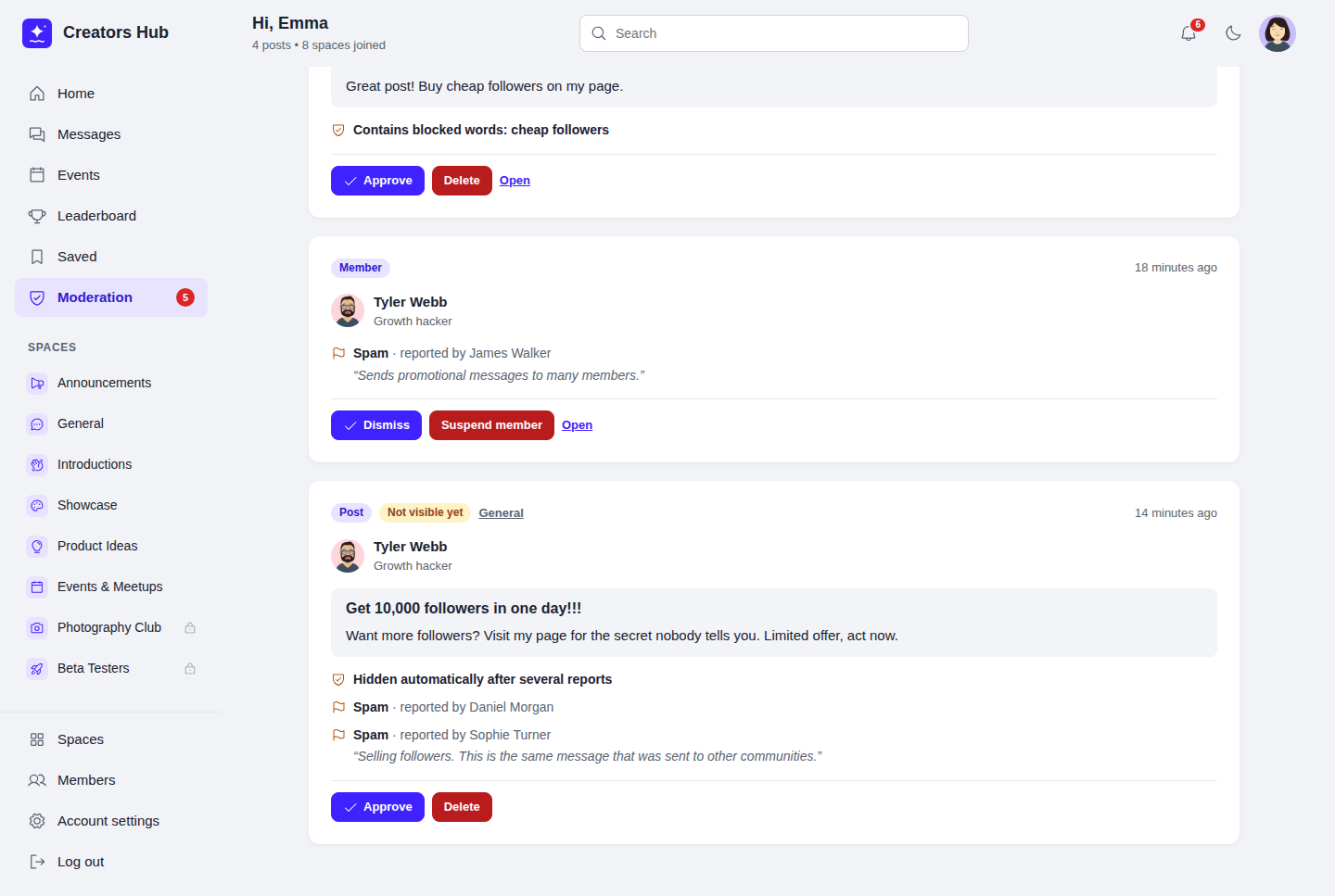 A post hidden after two spam reports, and a reported member