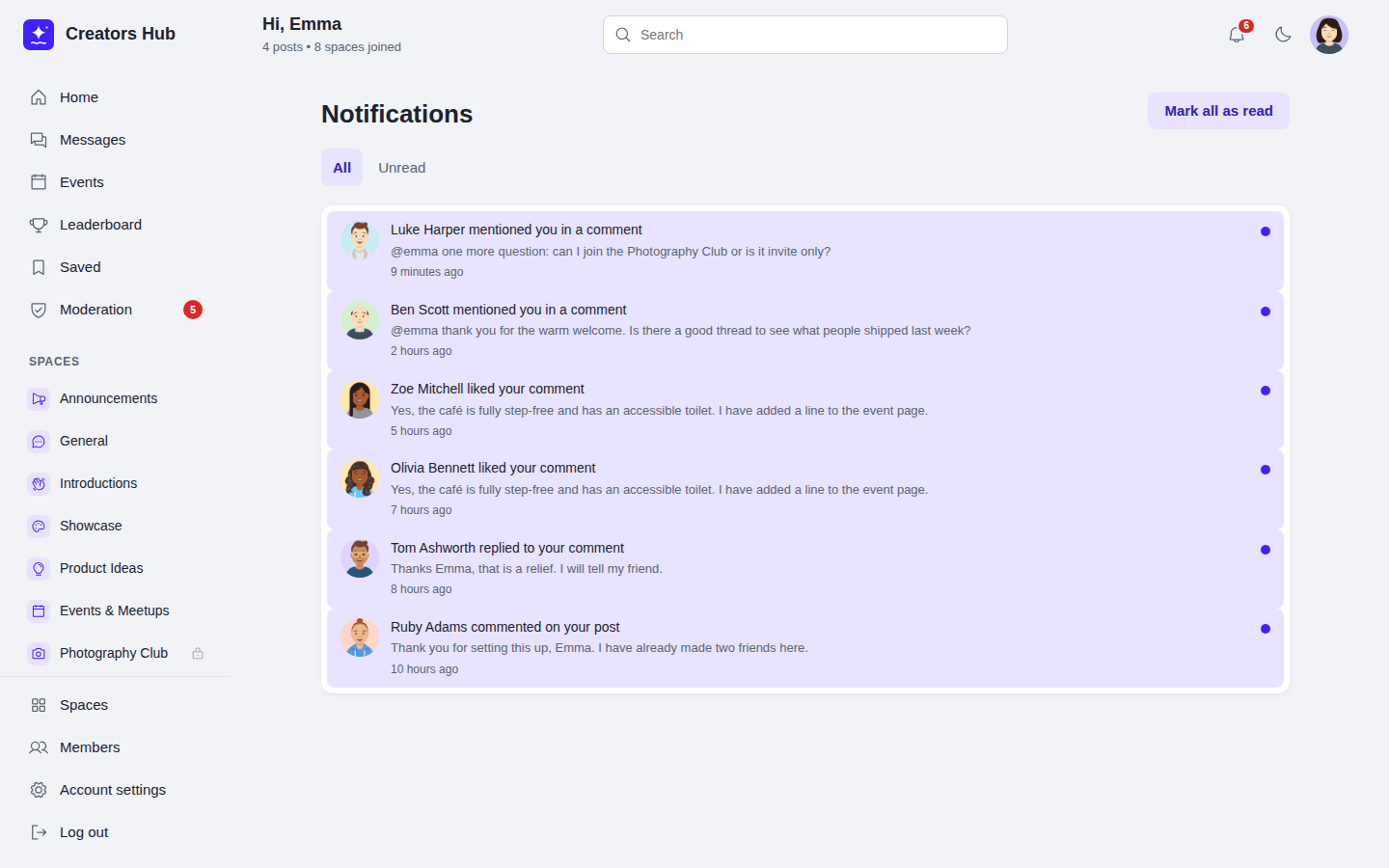 The Notifications page with unread notifications