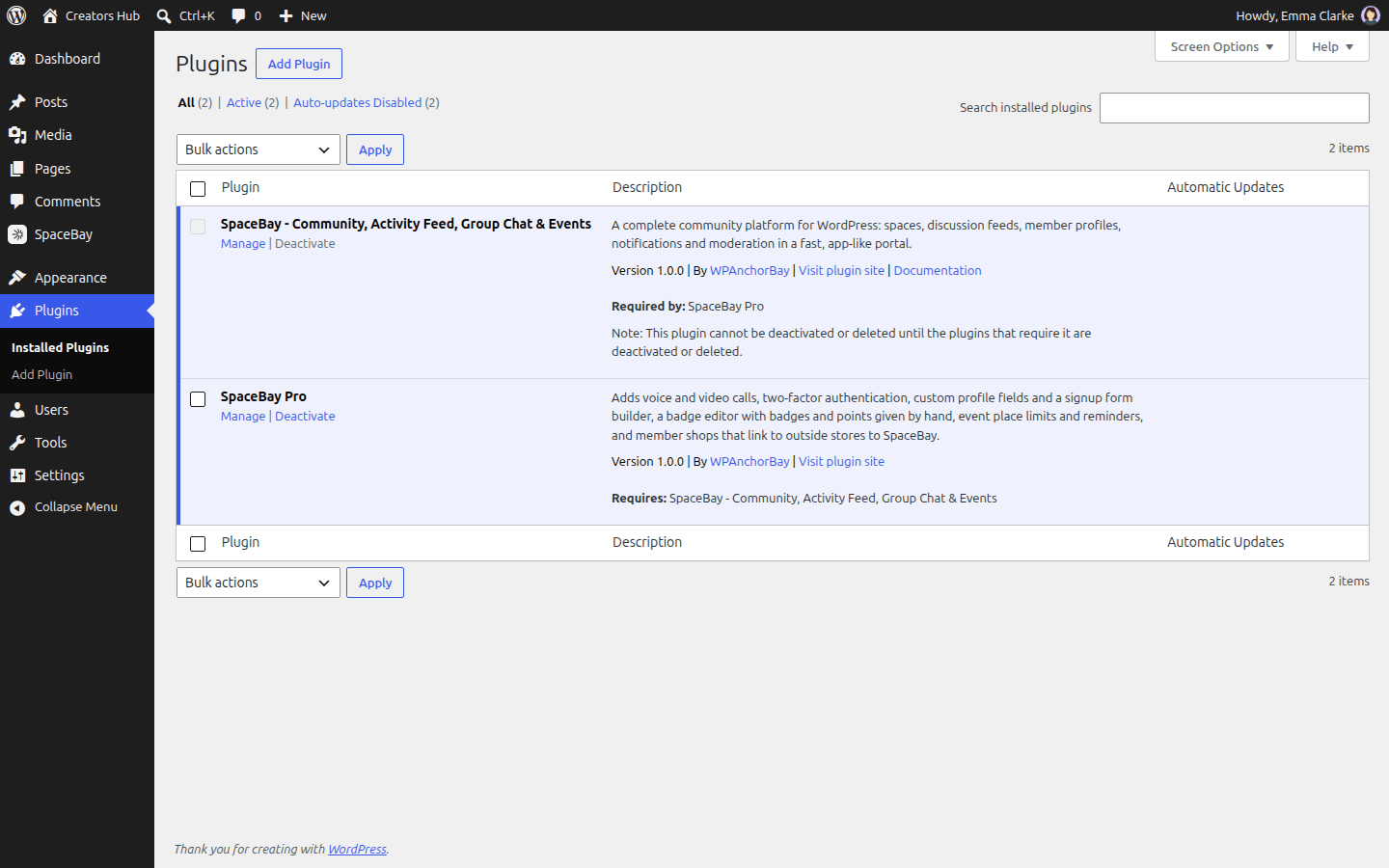 The WordPress Plugins screen with SpaceBay and SpaceBay Pro active, showing the Manage and Documentation links