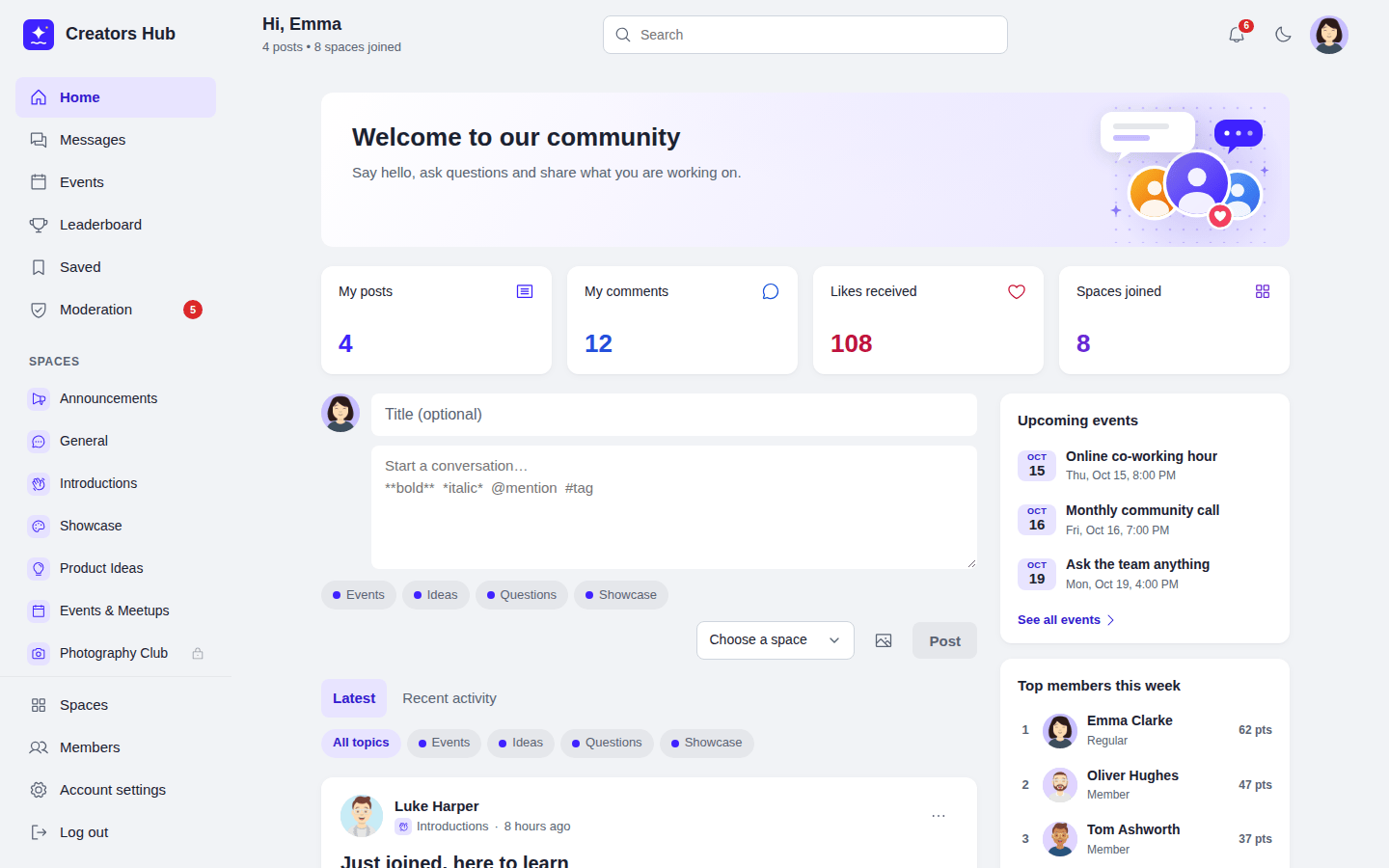 The SpaceBay portal home page with a welcome banner and the community feed
