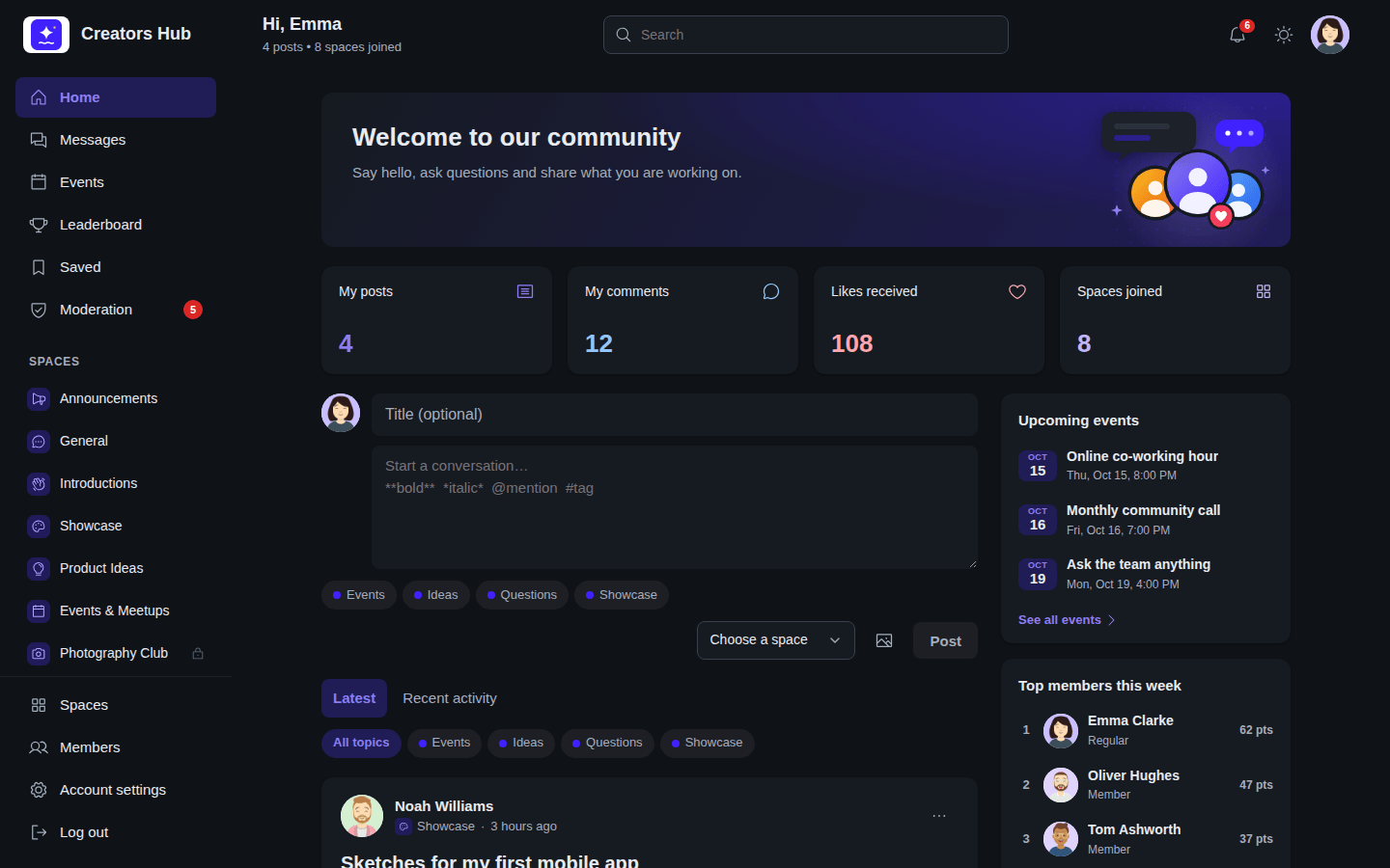 The portal in dark mode