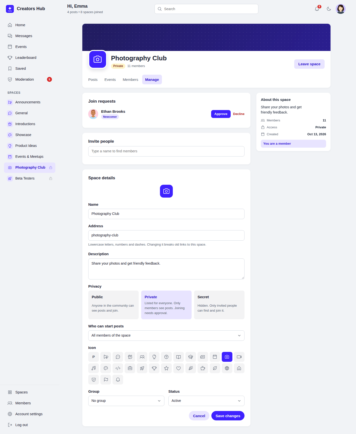 The Manage tab of a space with join requests, invitations and space details