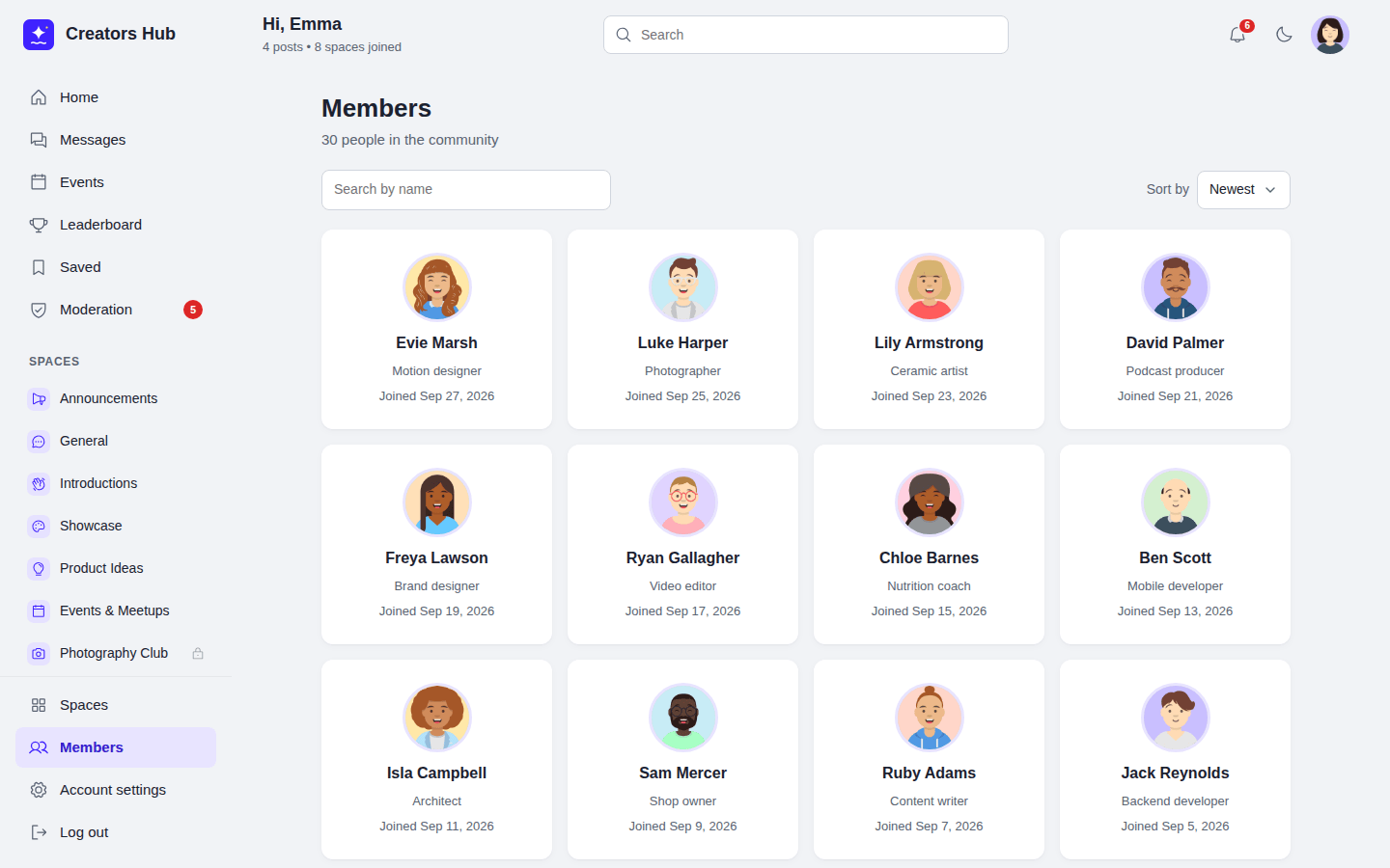 The member directory with search and member cards
