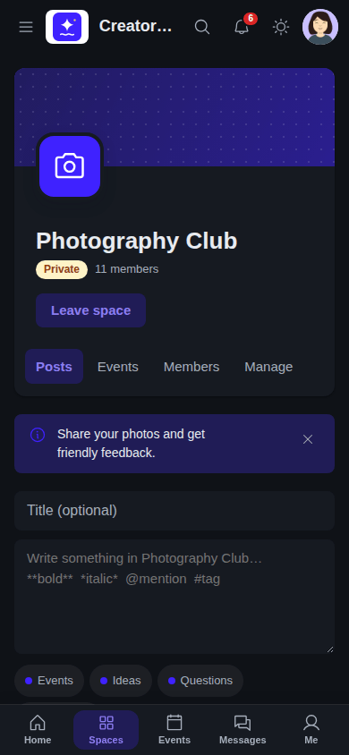 A private space on a phone in dark mode, with the Posts and Members tabs and a Leave space button
