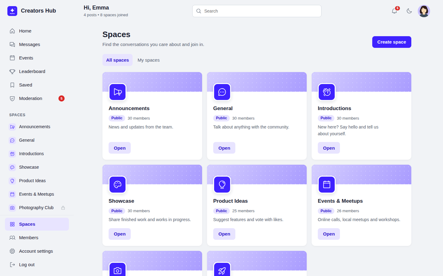 The Spaces page of the community with join buttons
