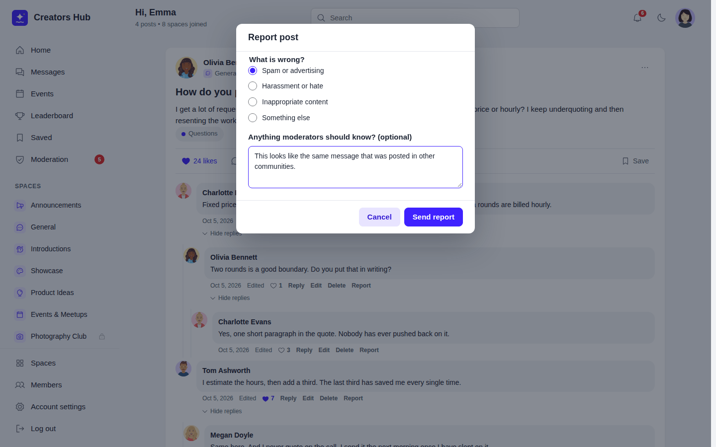The Report post dialog with reasons and a note