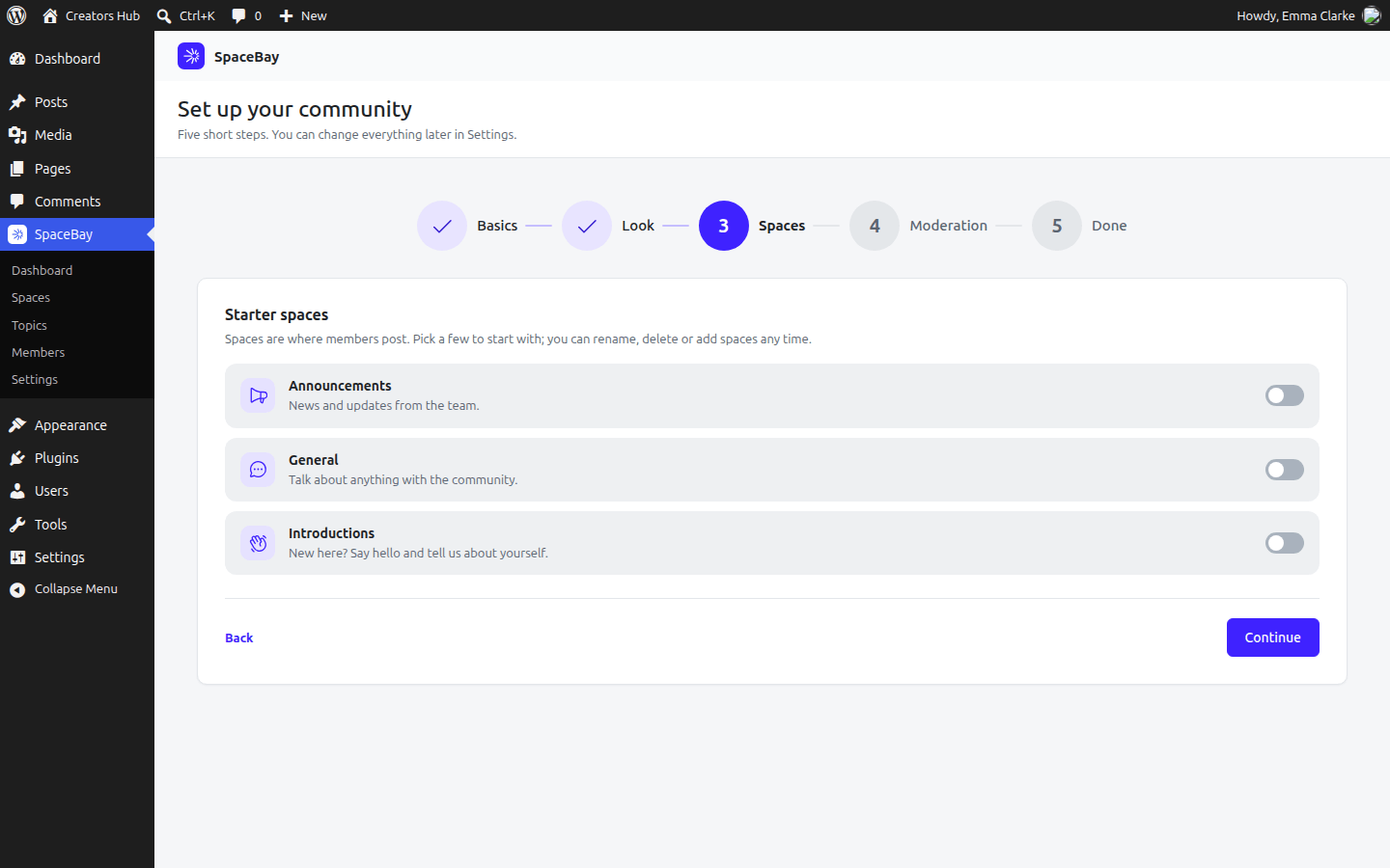Setup wizard step three with starter spaces