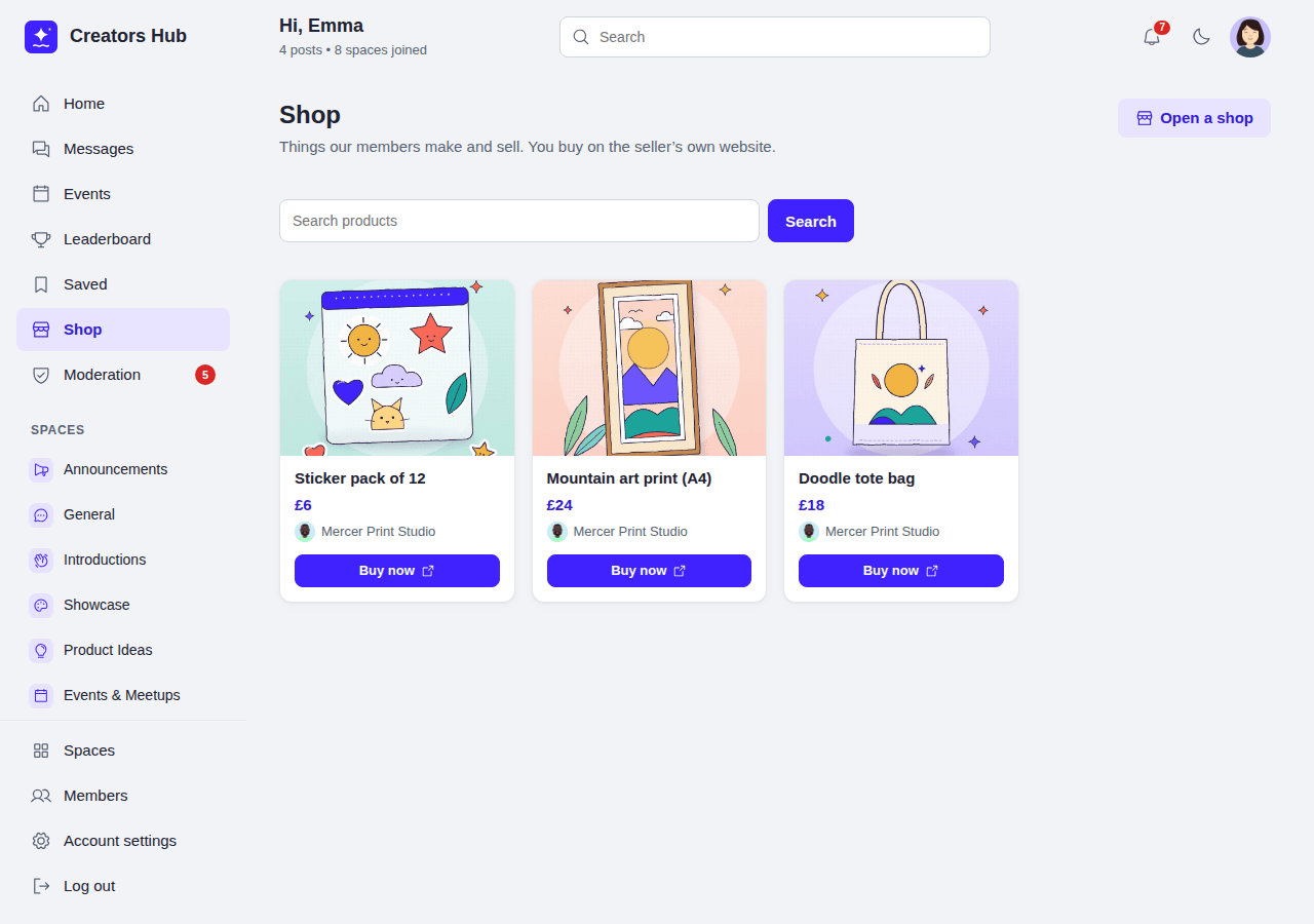 The Shop page in the community with a product card