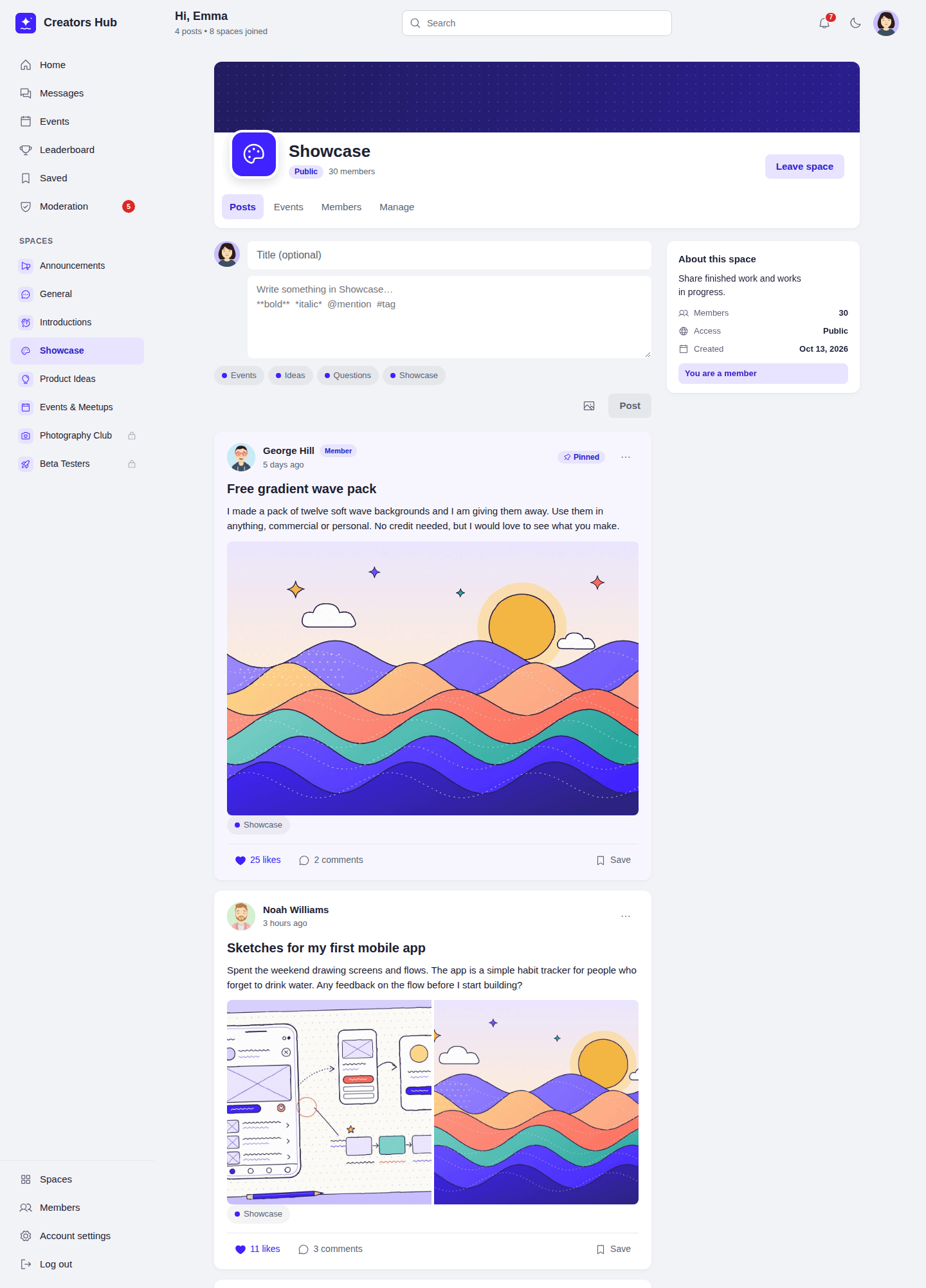 A space feed with a pinned post and a post with an illustration
