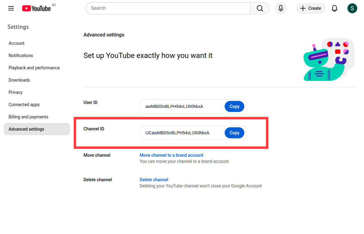 YouTube Advanced Settings - Channel ID