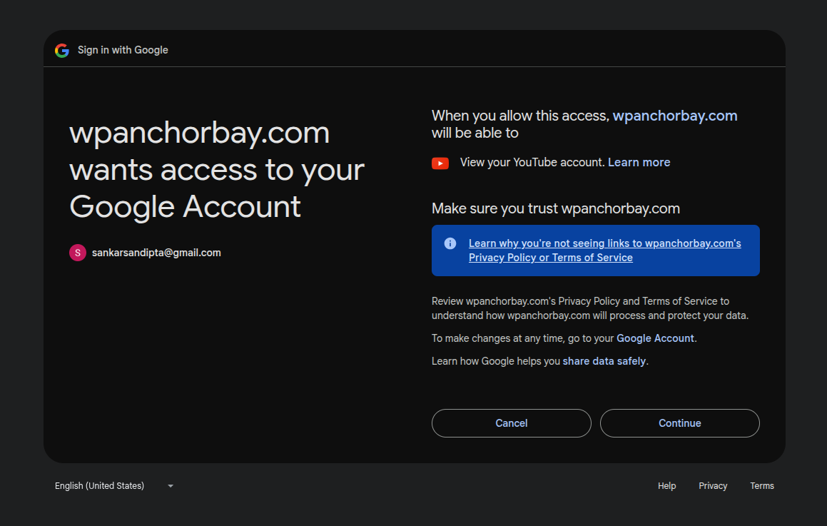 Google Authorization Screen