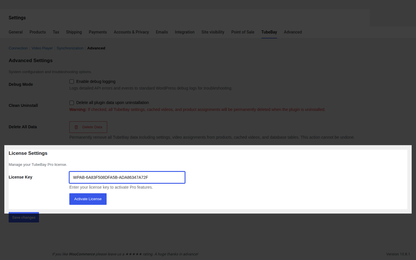 License Settings with a key entered, before activating