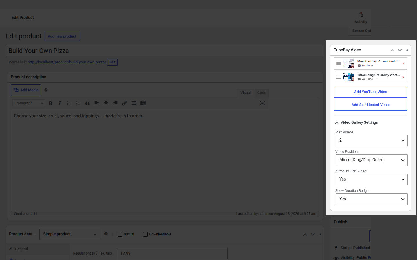 Video Gallery Settings, Pro active — fields enabled and editable
