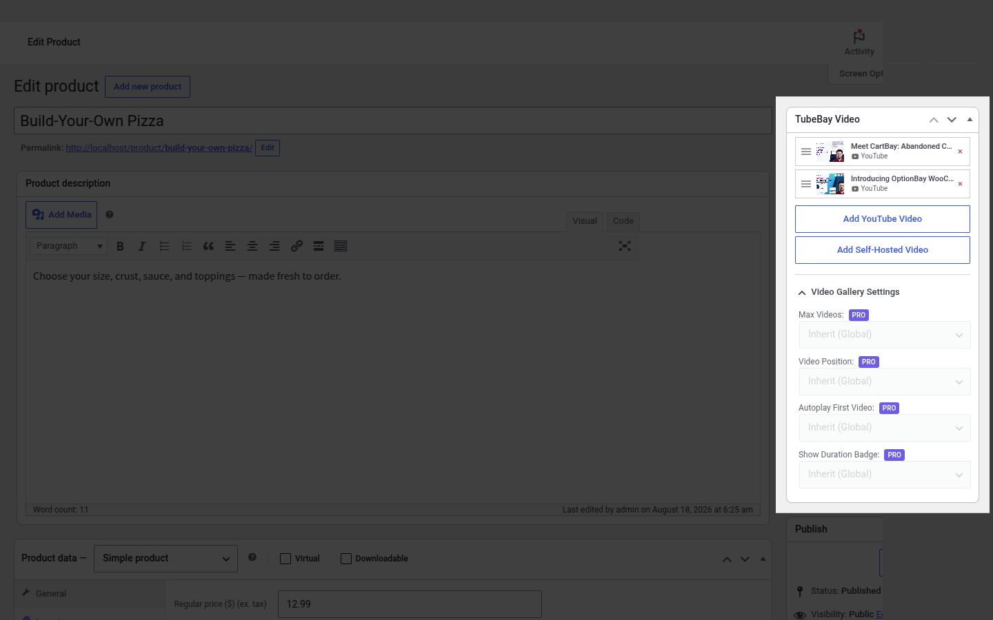 Video Gallery Settings, free plugin — fields disabled with PRO badges