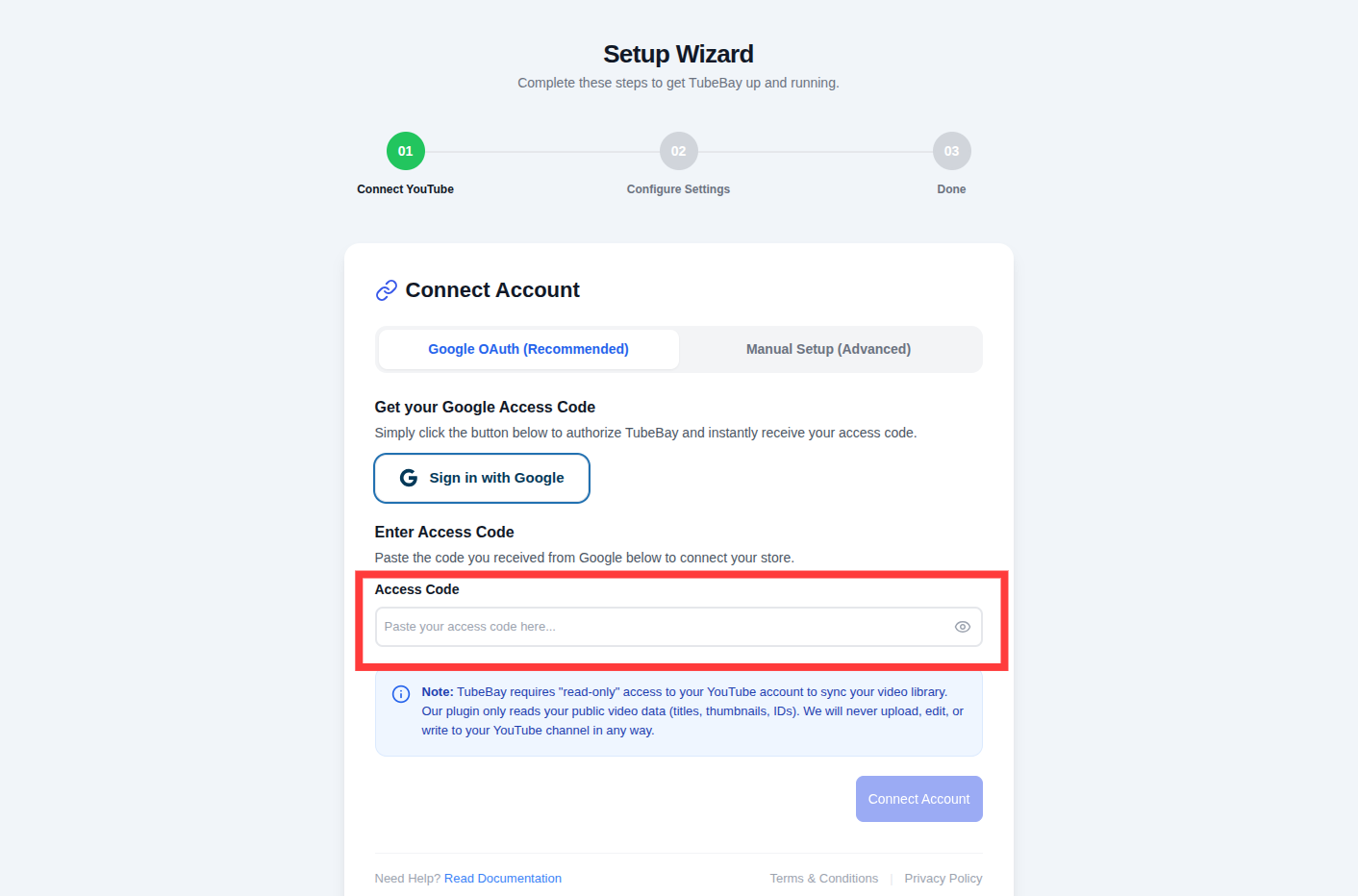 Wizard Step 1: Enter Access Code