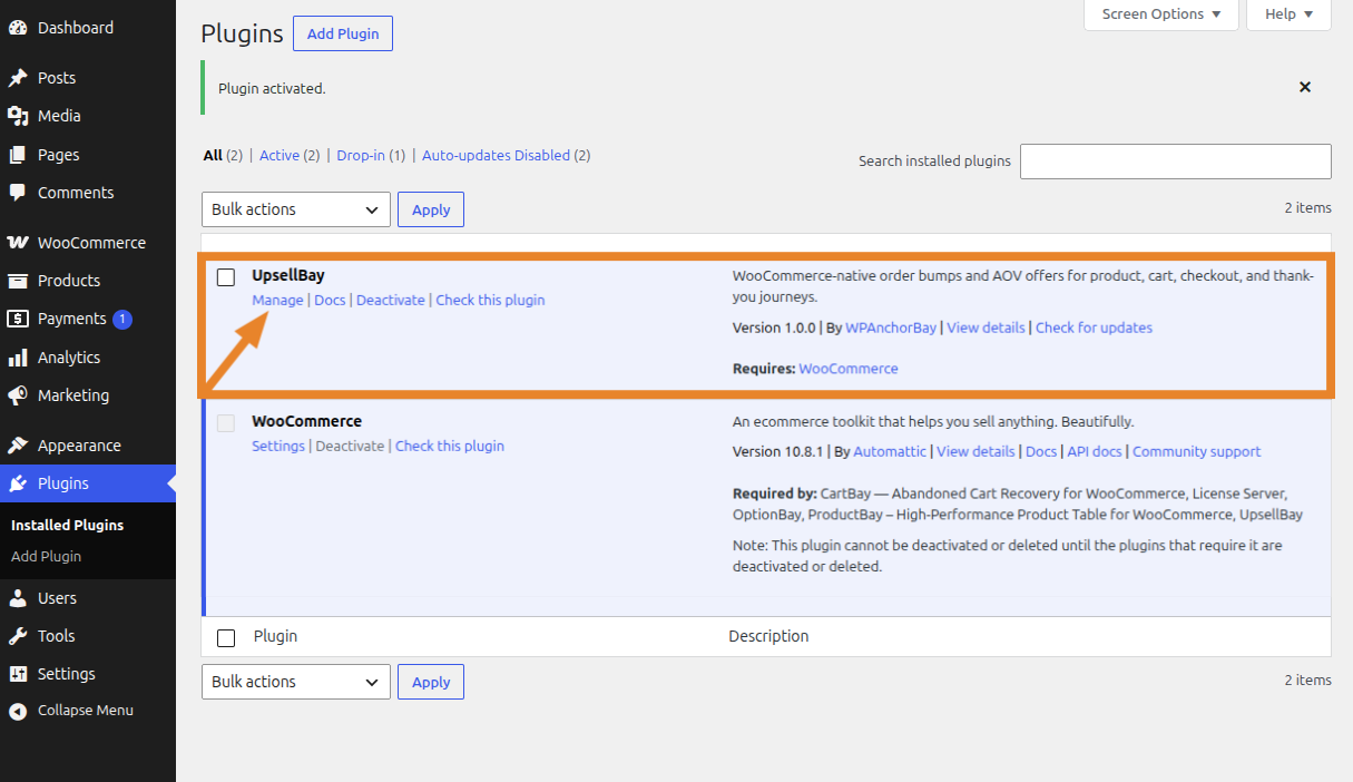 Installed Plugin Page - UpsellBay