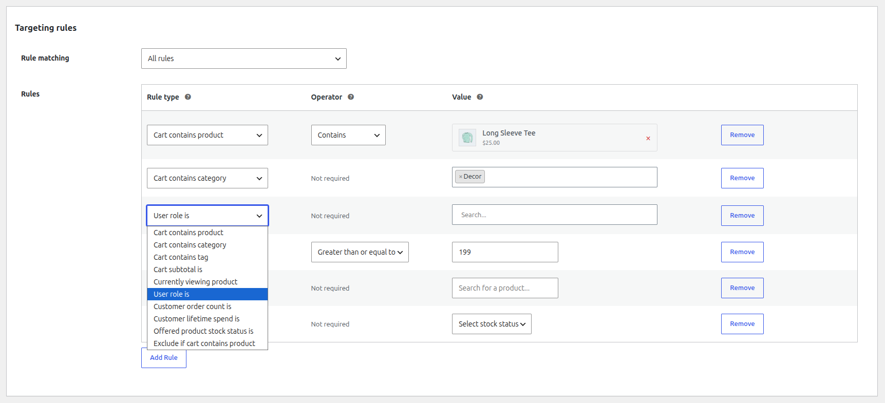 UpsellBay Create Offer - Targeting Rules Section