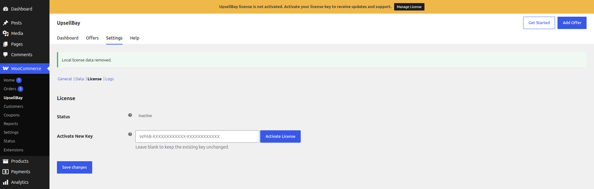 UpsellBay Settings: License (Status - Inactive)